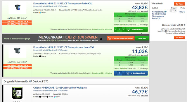 Das System von tonerpartner.de zeigt euch einen Preis pro Seite und auch gleich weitere Sparmöglichkeiten an.