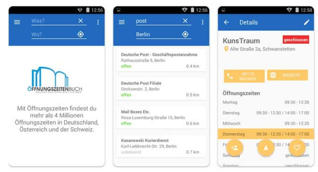 Öffnungszeiten App Screens